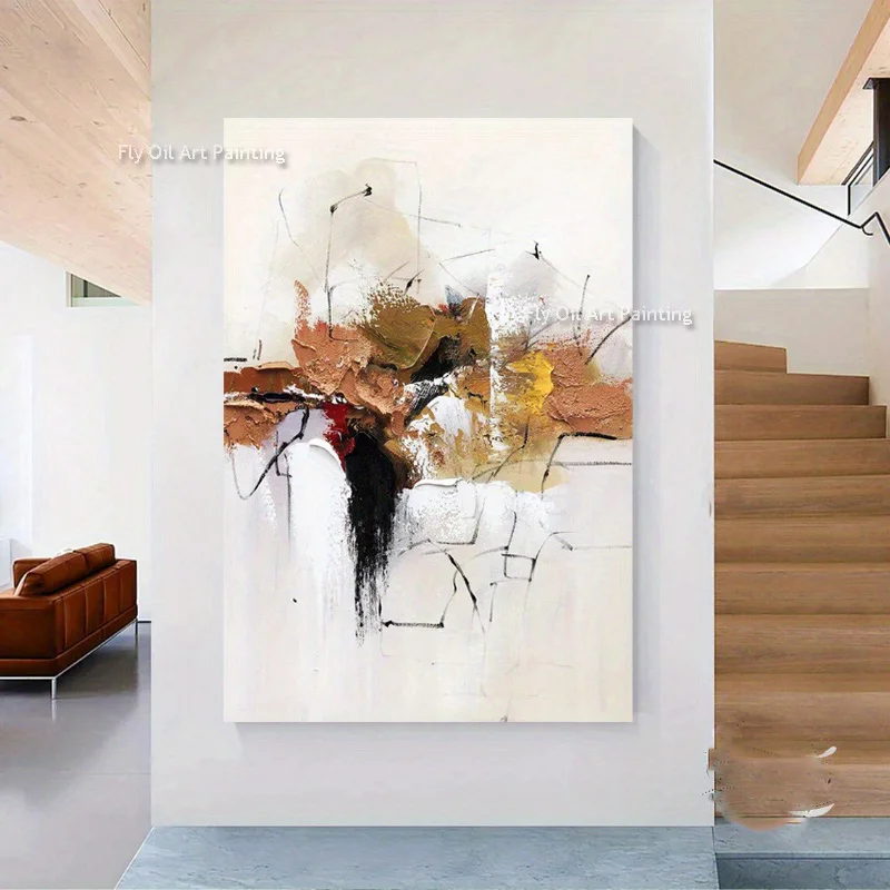 Abstract Brown White Simplism Oil Painting For Room Hall Decor Handpainted Beige Brown Grey Canvas Thick Home Wall Art Decor Ite