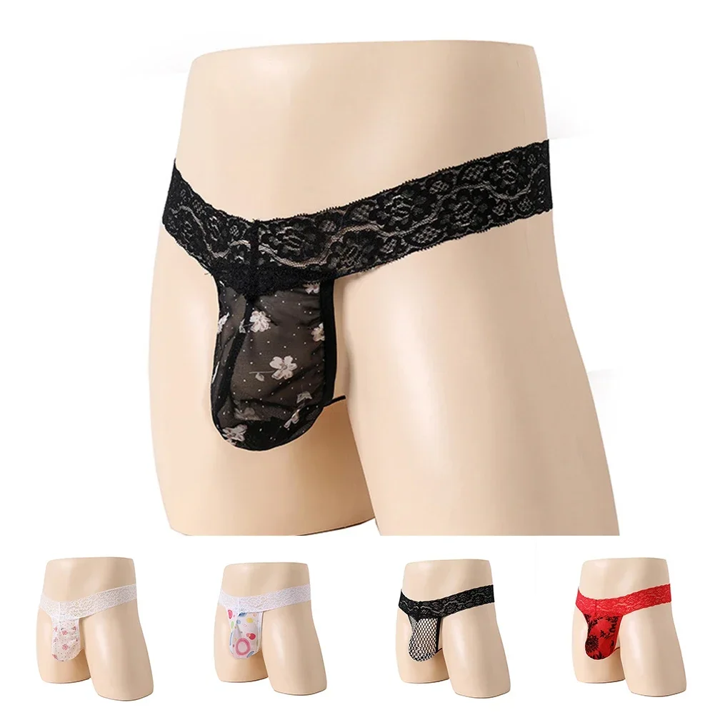 Mens Sexy Print Lace See-Through Thongs Pouch Underpants T-Tack G String Briefs Temptation Playful Transparent Soft Men Thong