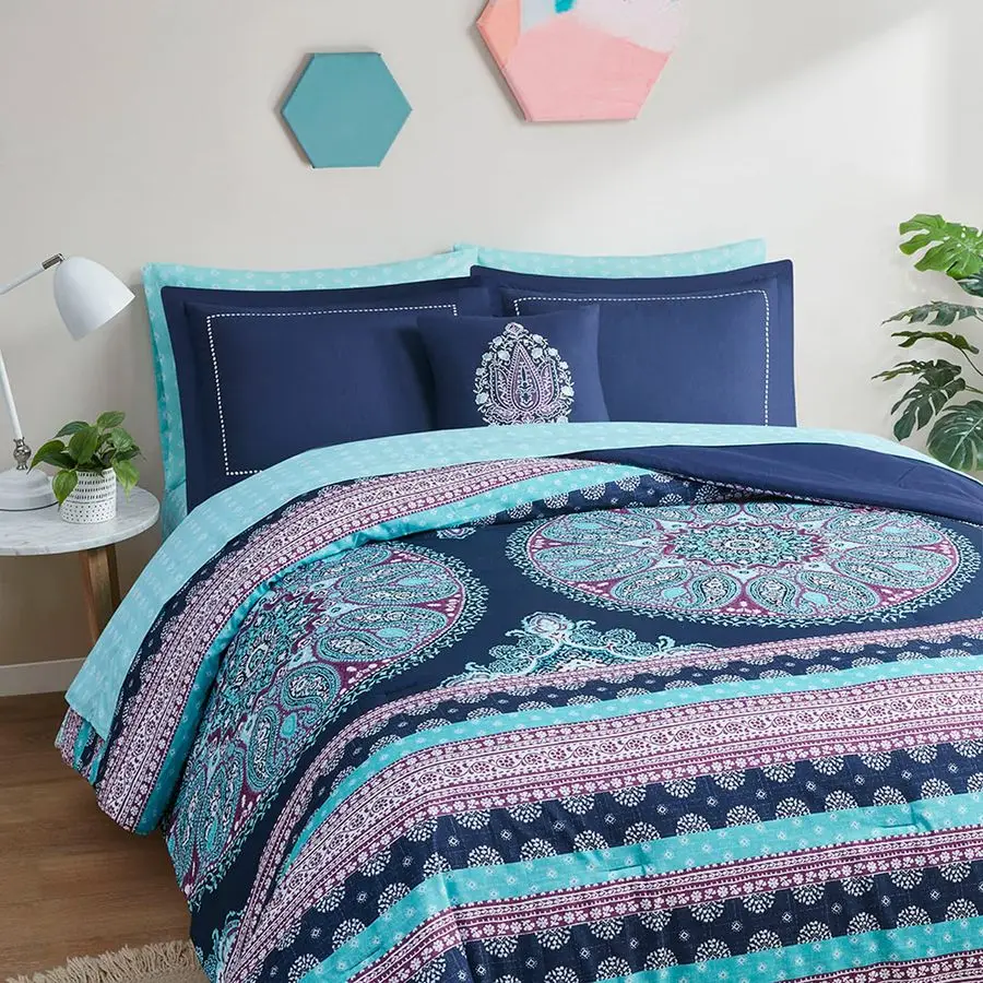 

Queen Bed Set, Boho Mandala Comforter Sets with Sheets,Blue Microfibe Bed in A Bag with Side Pockets, Matching Decorative Pillow
