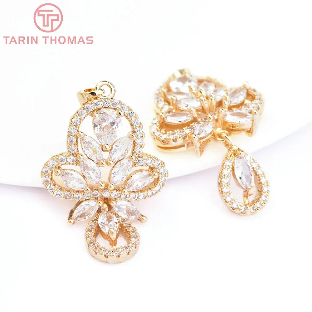 

(6583) 2PCS 23x39MM 24K Gold Color Brass with Zircon Flowers Water Droplets Pendants High Quality DIY Jewelry Making Findings