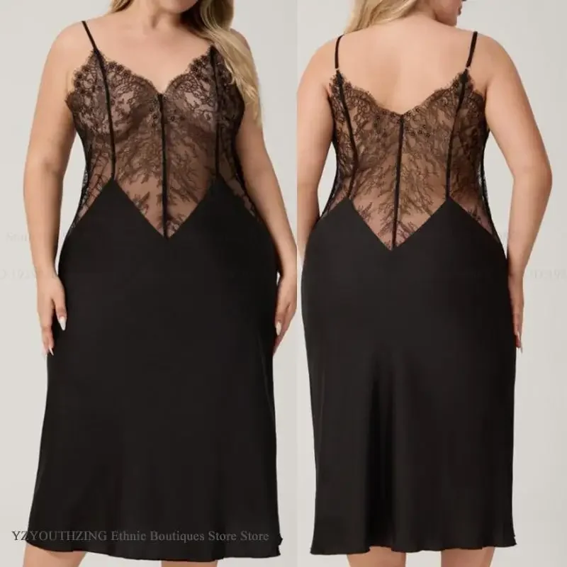 

Женская длинная ночная рубашка больших размеров 3XL, 4XL, 5XL, сексуальное лоскутное кружевное белье, ночная рубашка, свободная домашняя одежда из ледяного шелка