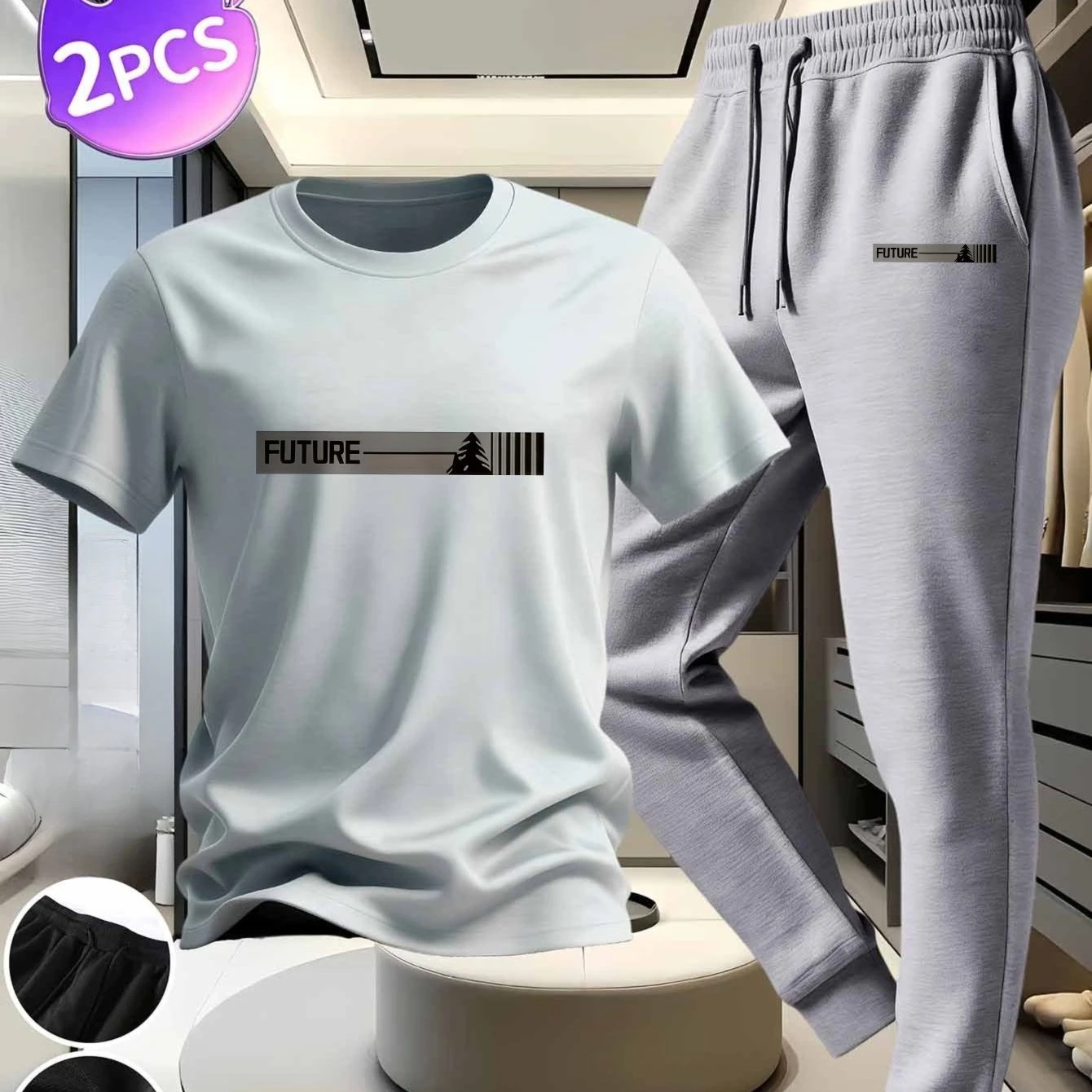 

Men's casual suit Pure cotton white t-shirt black trousers future print pattern text. Suitable for daily exercise and home wear