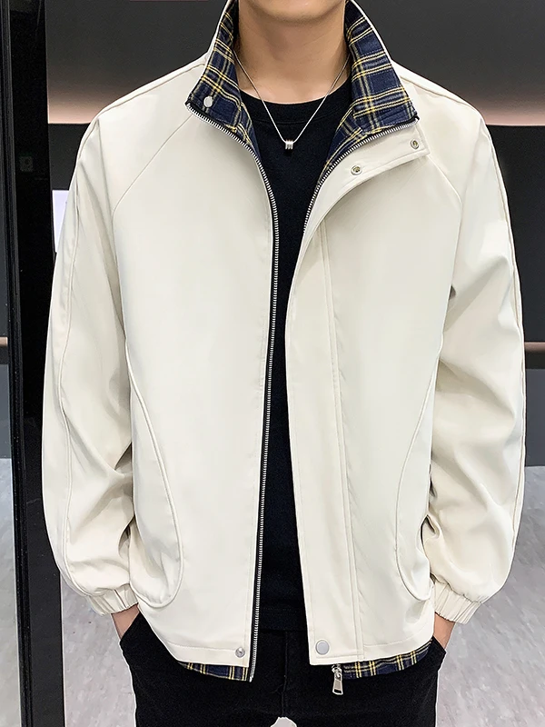 

Casual Plaid Patchwork Jaet Men's Spring Autumn Winter Faion Brand Large Size Workwear Capl Stand Collar Coat Men's Wear