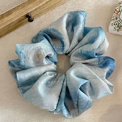 Over Sized Blue Scrunchies For Hair Satin Silk Girls Glossy Elastic Hairties Floral Oil Painting Hair Accessories for Women