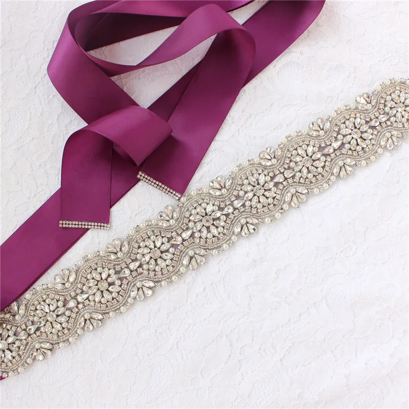 Ceinture de mariée en cristal avec rubans, ceinture de mariage argentée faite à la main, ceinture de patient à strass pour robes de soirée de mariage