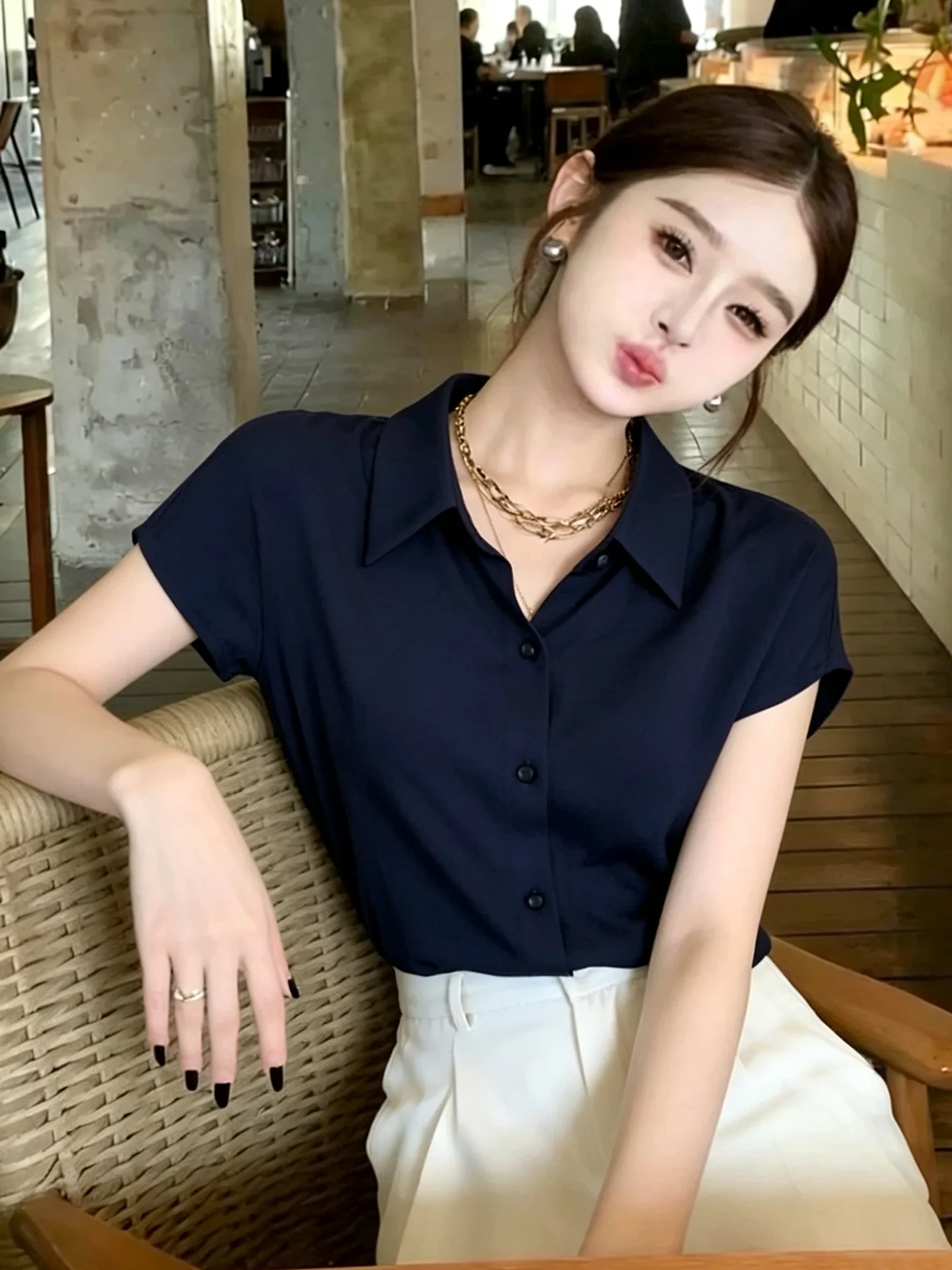 Elegant Dark Blue Silk Short Sleeve Shirt Women's Business Office Fashion Top Versatile Stylish Summer Commute Work Shirt