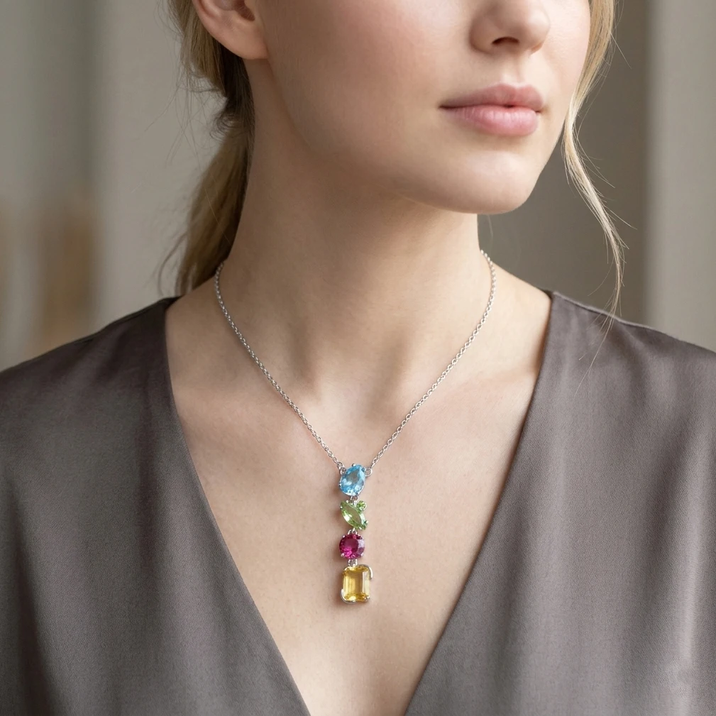 Vibrant Multi-Tone Colorful Pendant Necklace For Ladies Dopamine Style Shiny Four Tone CZ Jewelry Holiday Present For Girlfriend