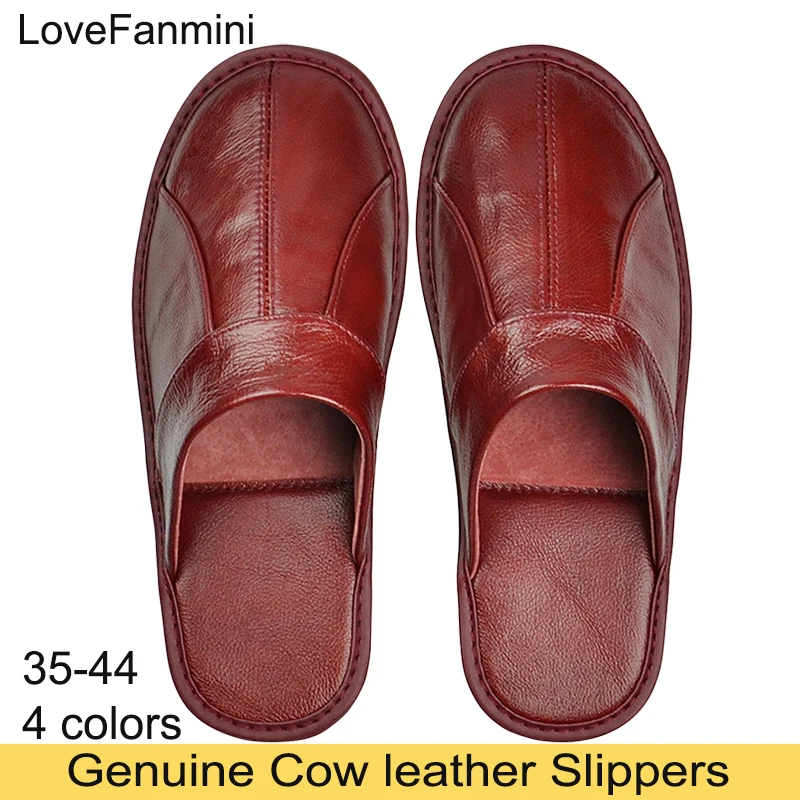 Genuine Cow Leather Slippers Homes in indoor slipper Spring Autumn summer men women elderly non-slip casual single Slides shoes