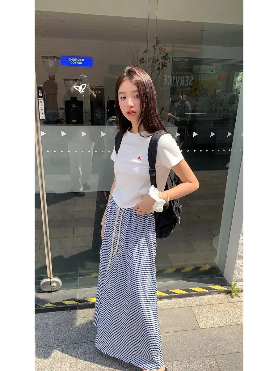 Elastic Waist Midi Long Blue Plaid Skirt women summer boho plus size pleated korean y2k clothes /Unlined Without Lining Skirts