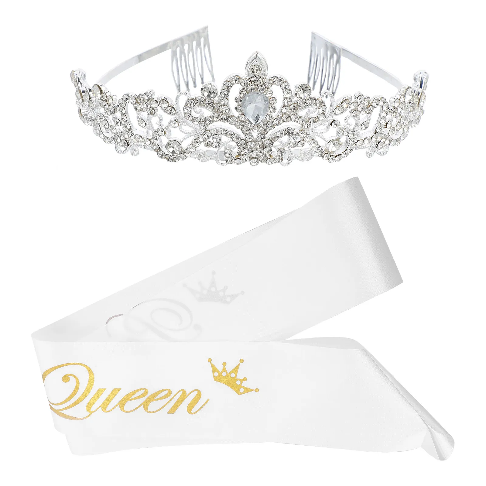 

2Pcs Prom Crown Set Crystal Rhinestones Wedding Sash Party Headdress Sparkling Bride Tiara Elegant Headpiece Crown