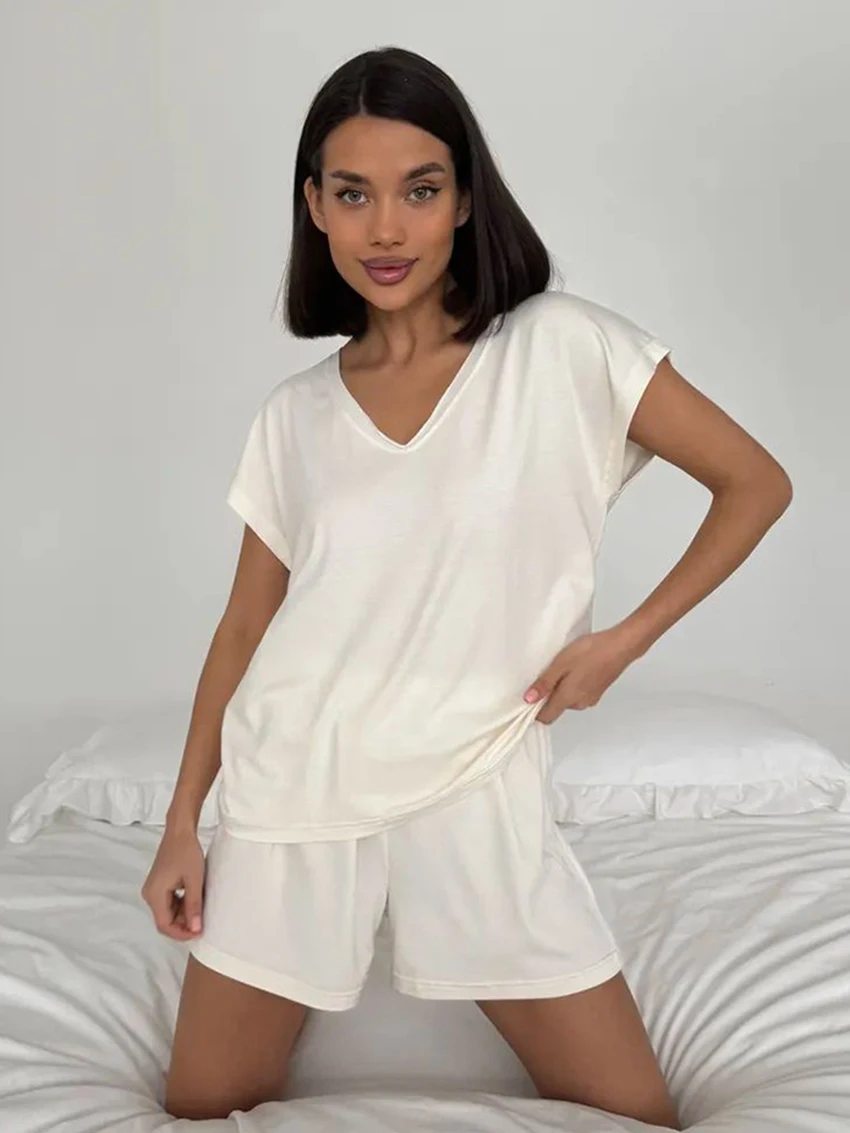 Marthaqiqis Loose Summer Female Nightgowns 2 Piece Suit V-Neck Sleepwear Short Sleeve Nightwear Shorts Casual Women Pajamas Sets