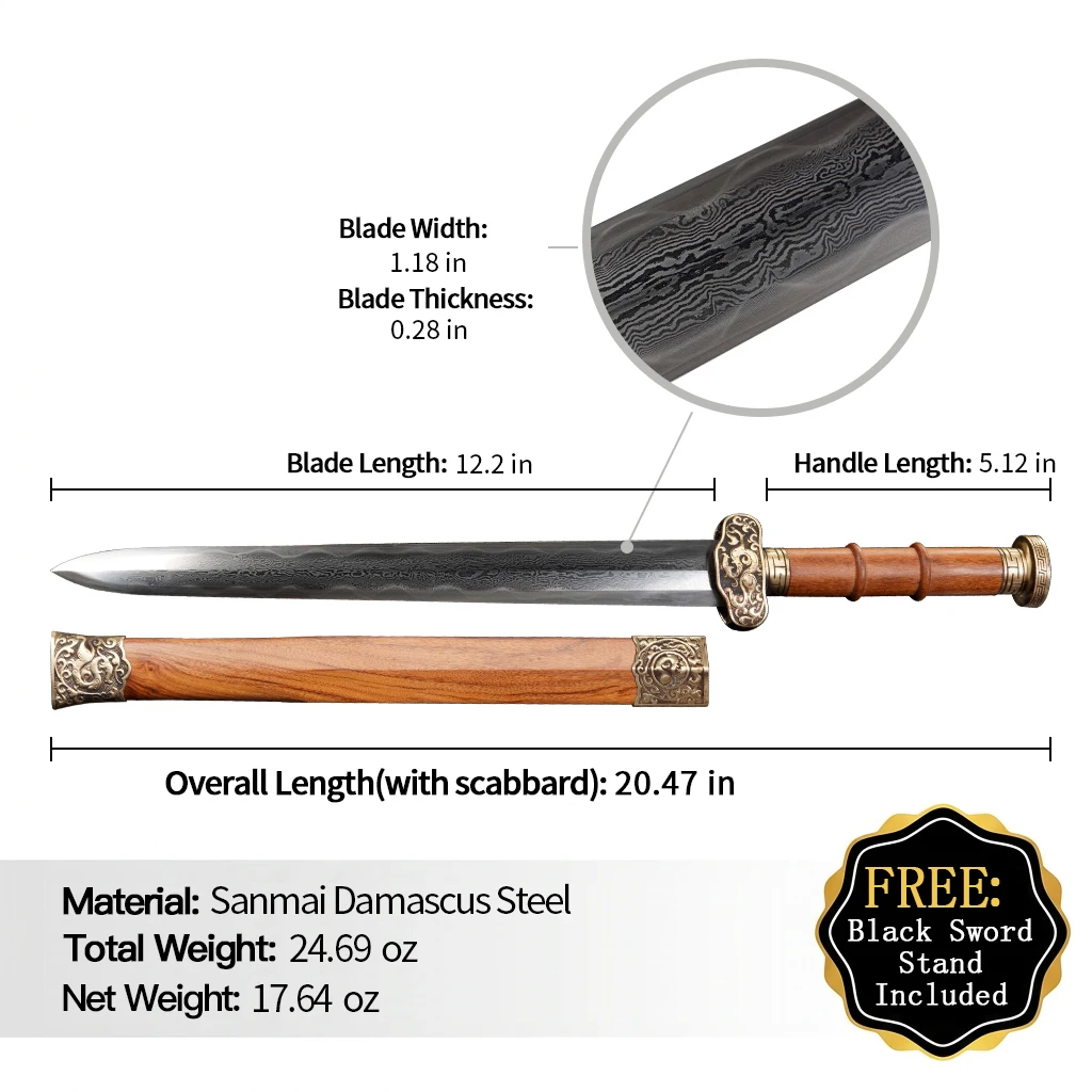 Qin Dynasty Jian Chinese Sword Rosewood Handle Scabbard Blue Folded Blade Clay Tempered Full Tang Knife
