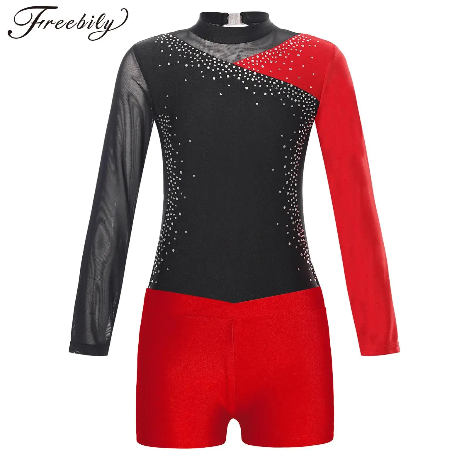 

Kids Girls Long Sleeve Rhythmic Gymnastics Leotard with Shorts Skating Jumpsuit Dancewear Sets Children Ballet Dance Outfits