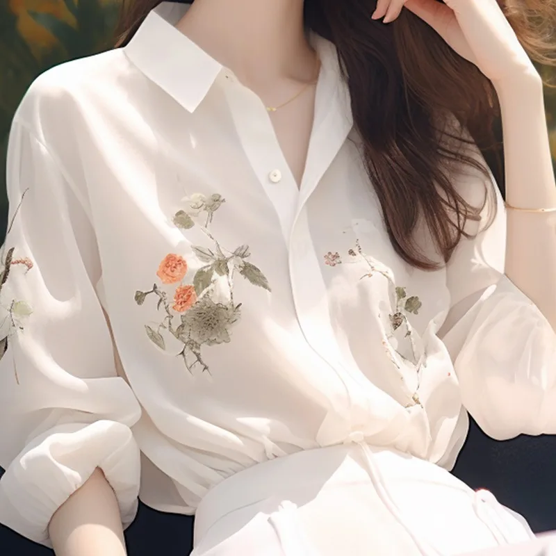 Blusa feminina de manga comprida em chiffon, blusas casuais estampadas, tops soltos, roupas da moda primavera e verão