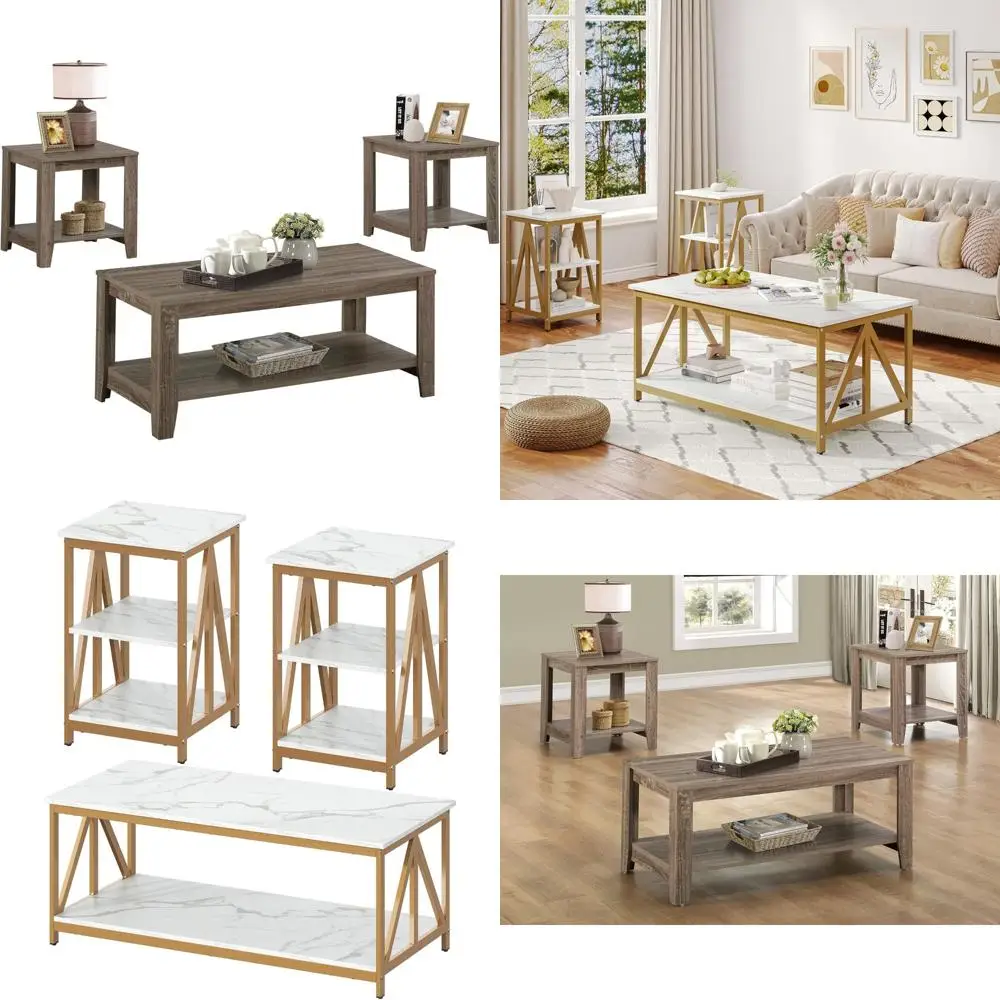 Monarch Specialties 7914P Zestaw Stolików Kawowych - 3 Elementy, Zawiera Stoliki Końcowe i Pomocnicze, Stolik Akcentujący, Wykończenie Laminowane, Brązowy, Zestaw