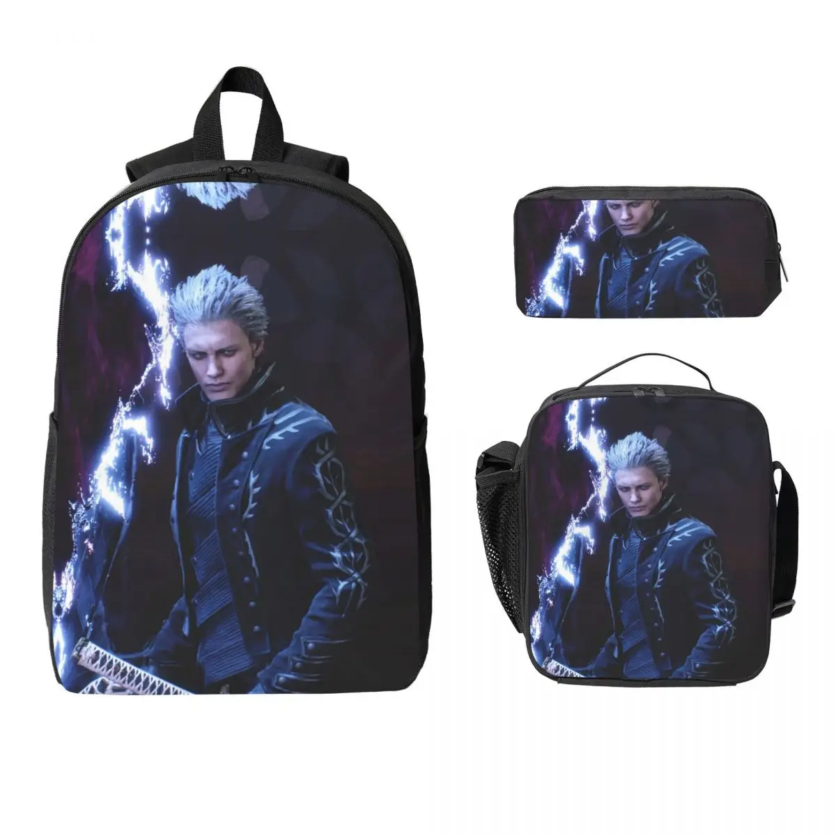 

Vergil From The Devil May Cry Series Backpack Boys Girls BookBag School Bag Shoulder Bags 3ps Insulated Lunch Bag Pencil Case