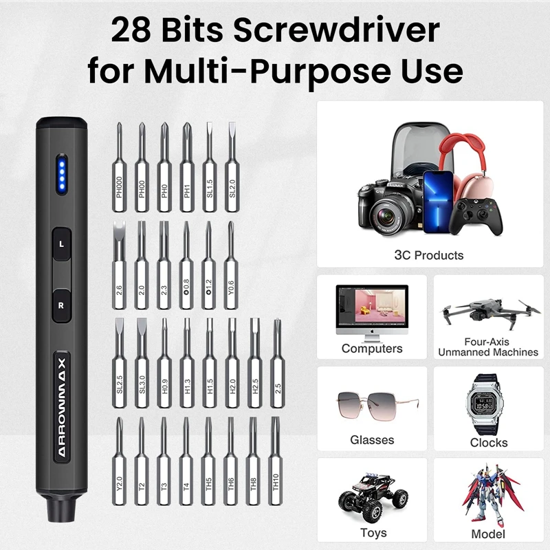 Imagem -02 - Arrowmax Mini Chave de Fenda Elétrica Conjunto 28 em Bits de Precisão Magnética Ses Mini Preto Recarregável Kit Chave de Fenda sem Fio