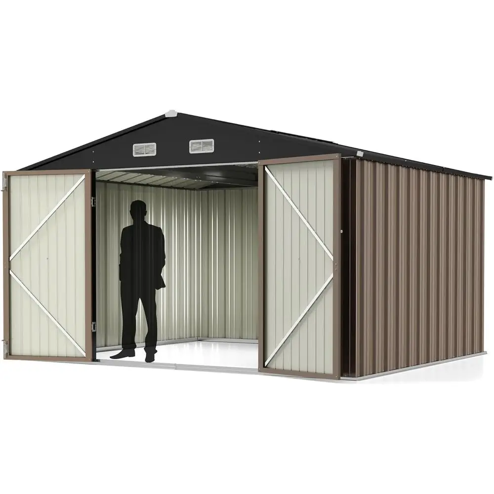 

Наружный навес для хранения вещей 10x8 футов — универсальный навес с наклонной крышей с дверцей и замком для садовых инструментов, коричневый