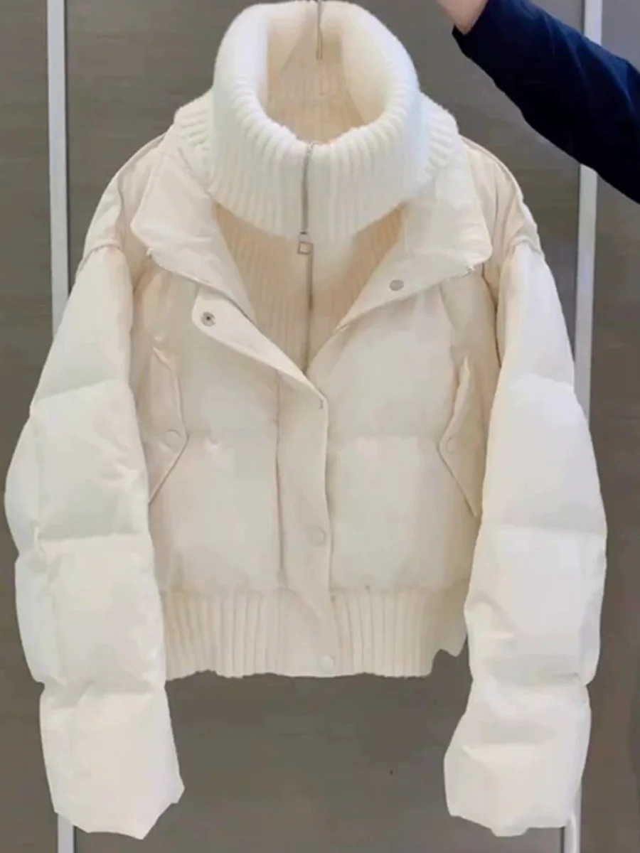

Splicing Personalized High Collar Quilted Jacket Women Winter New Korean Style High Street Pockets Coats High End Thicken Tops