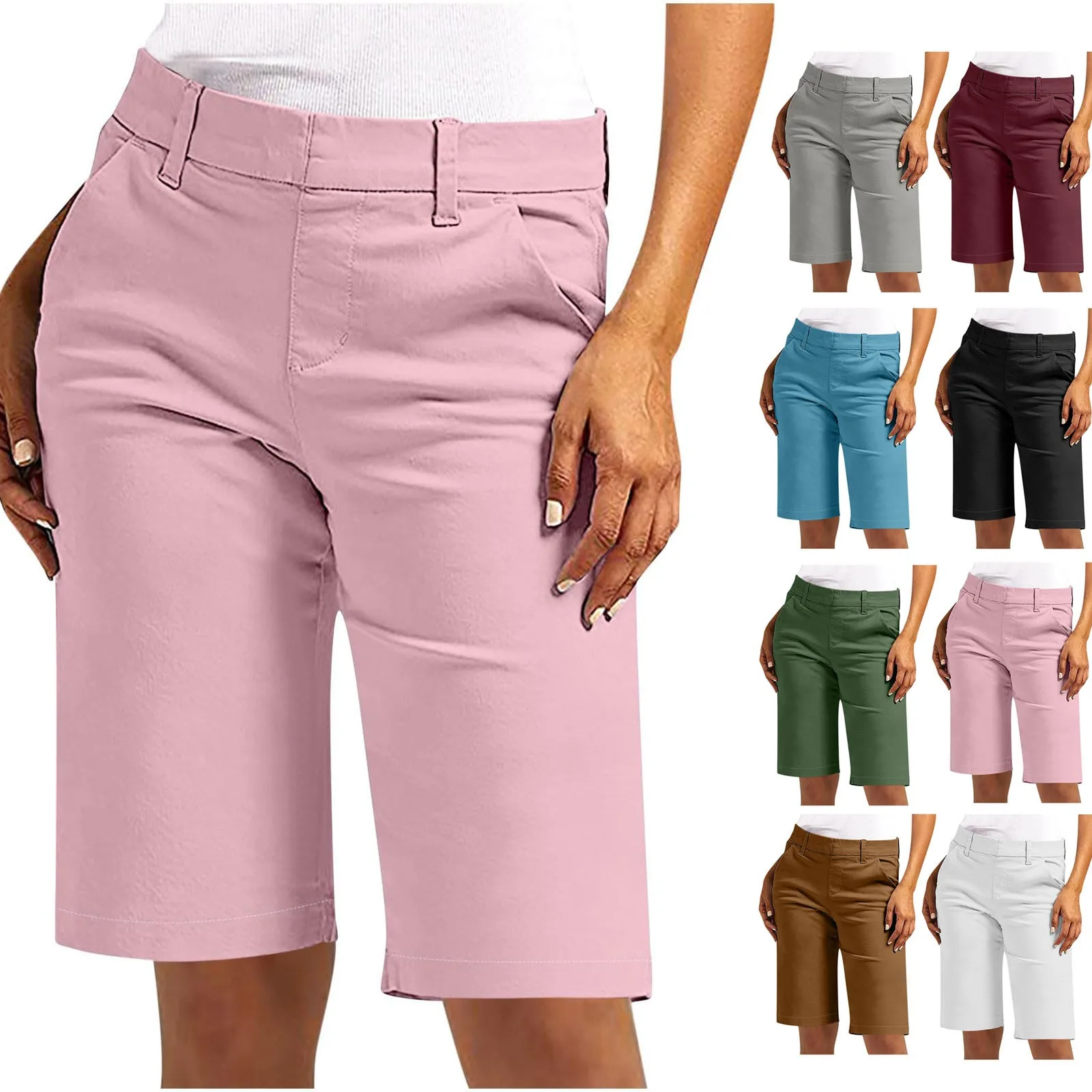 Women'S Casual Fashion Solid Color Straight Shorts High Waist Fit Sports Pants Daily Commuting Home Pants