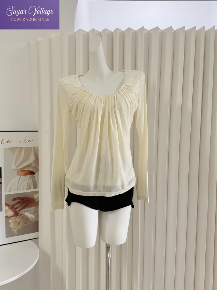 French Fashion Vintage Elegant T-Shirt Women Long Sleeve Slim Ruched Design Soft Casual Tops Simple Chic Autumn Street Outfits