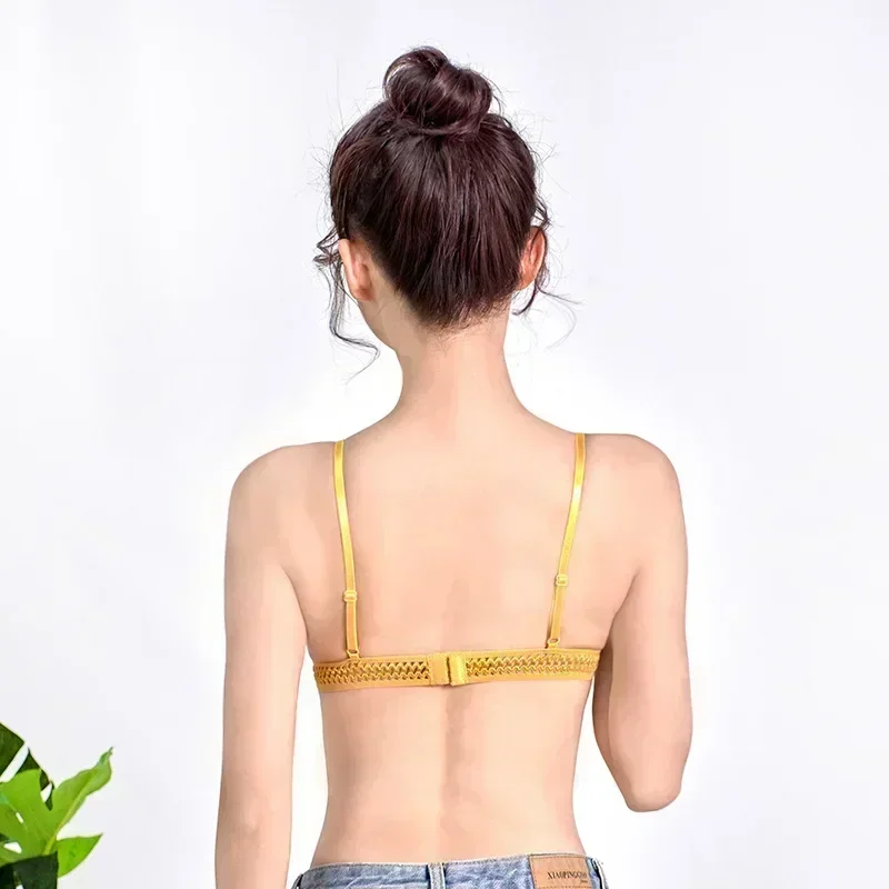 New French Style Thin Triangular Cup Bra Girls Students with Wrapped Chest Without Steel Ring Lace Bra with Chest Pad for Women