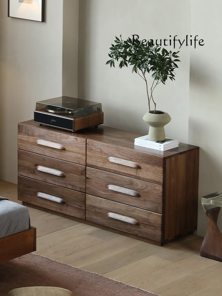 

Nordic Solid Wood Bedroom Storage Cabinet North America Black Walnut Wooden Locker Wall Living Room Chest of Six Drawers