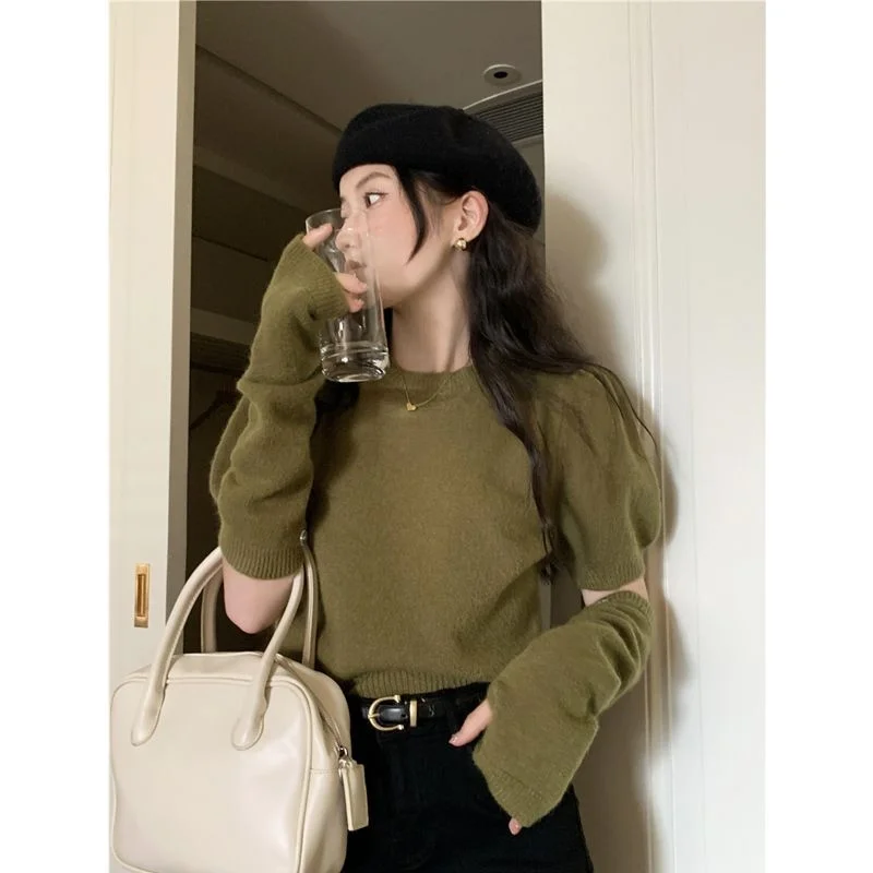 

Detachable Sleeve Knitted Sweater Women'S Outerwear Spring Lettuce Edge Twisted Hem Student Leisure Cottagecore Lounge Elegant