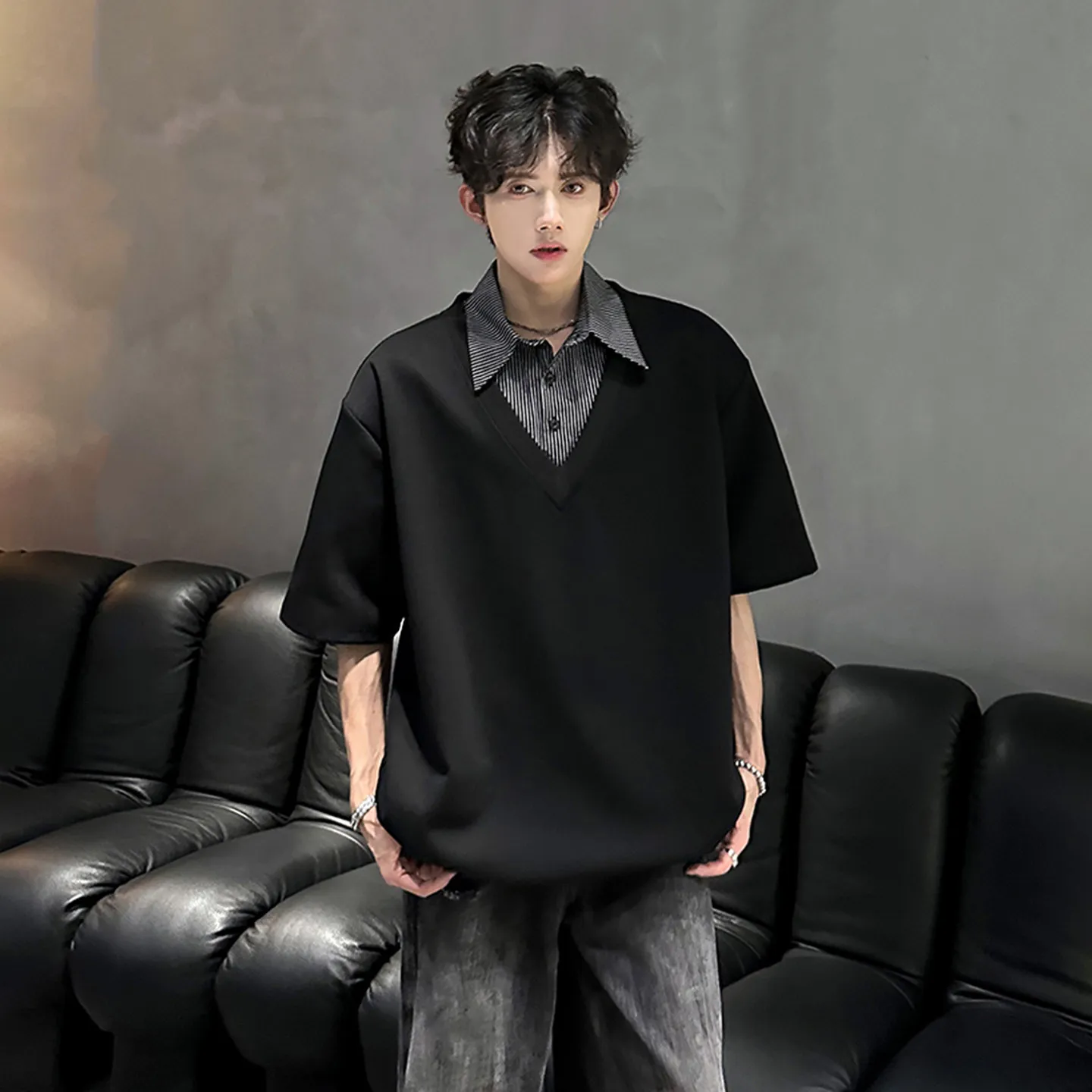American Style Summer Men's Color-coded Spliced Casual Trendy Turn-down Collar Short Sleeve Fake 2 Piece T-shirts Male Clothes