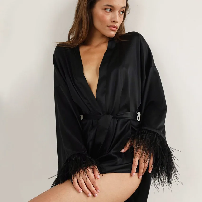 QSROCIO High Quality Cuff Feather Bathrobe Satin Silk Like Sexy Robe Long Sleeve Loose Peignoirs Black