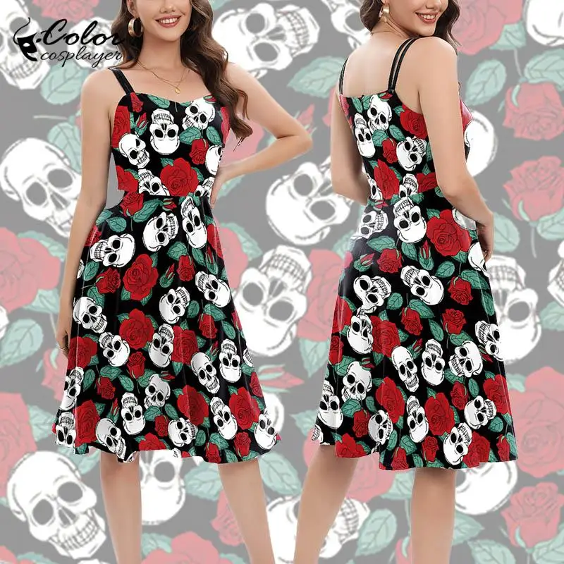 

Color Cosplayer Halloween Dress Women Skull Rose Pattern Slip Dresses Gothic Witch Cosplay Costume Carnival Outfit Adult Dress