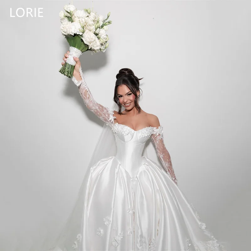 

LORIE Lace A-Line Satin Wedding Dresses Off Shoulder Pleat Bride Prom Gown Appliques Floor-Length Elegent Bridal Gown Customized
