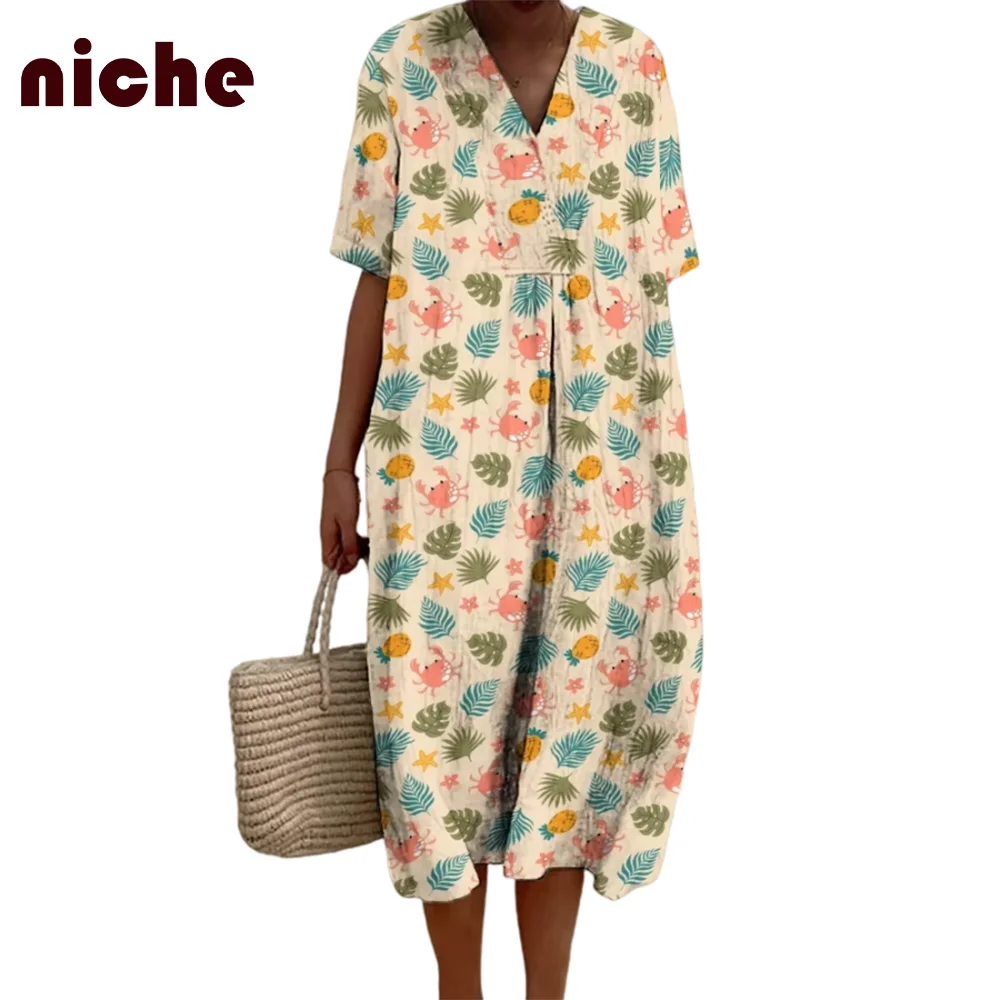 Fashion Ladies Beach Skirt Cute Crab Leaf Graphic Printing Loose Casual V-Neck One Piece High Quality Fabric Dress