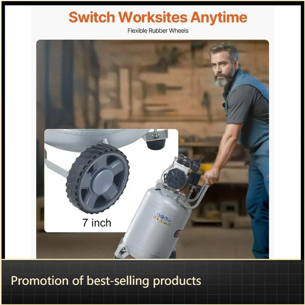 

Универсальный воздушный компрессор на 13 галлонов, 2 л.с., 4,6 SCFM при 90 PSI, безмасляный, с низким уровнем шума (66 дБ), идеально подходит для накачки шин и деревообработки.