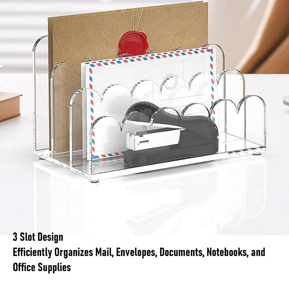 Stylish 3 Compartments Acrylic Mail Organizer Scalloped Design Vertical Storage Letter Sorter Document Sorter for Desk Use