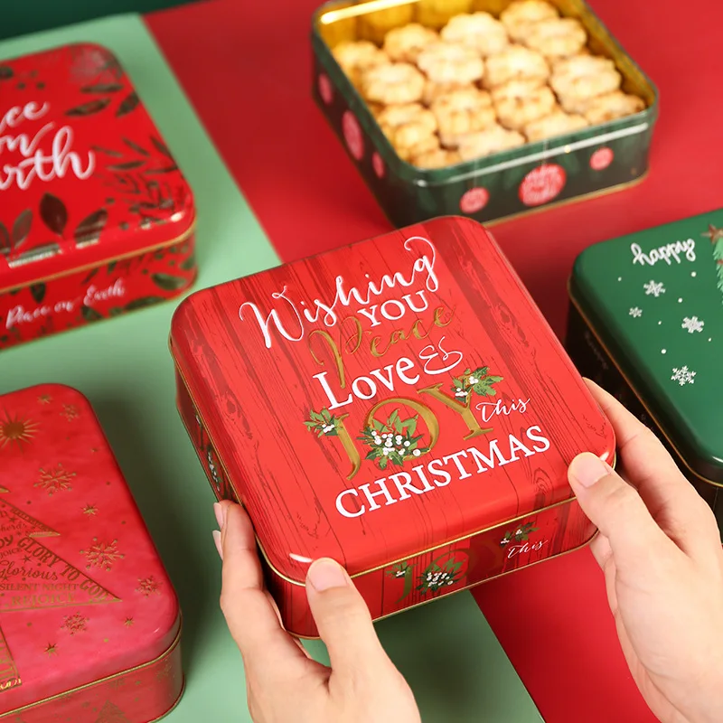 Christmas Candy Storage Box Tinplate Square Gift Packaging Box Cute Cartoon Baking Cookie Box Festival Elements