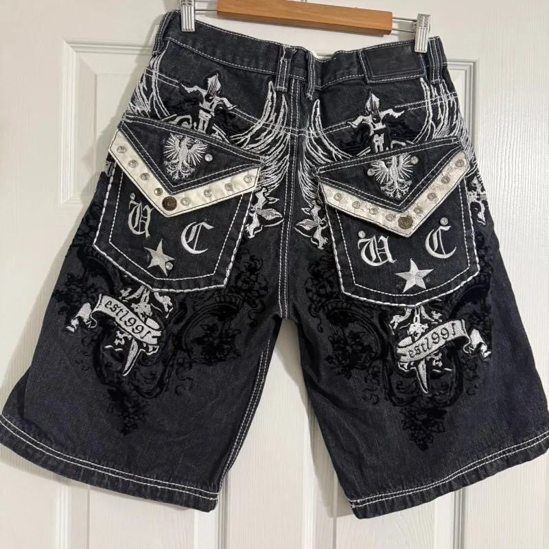 Novedad de verano americano, pantalones cortos vaqueros informales de gran tamaño con estampado de patrones para hombre, pantalones deportivos Y2K góticos de Hip Hop informales Joker para parejas