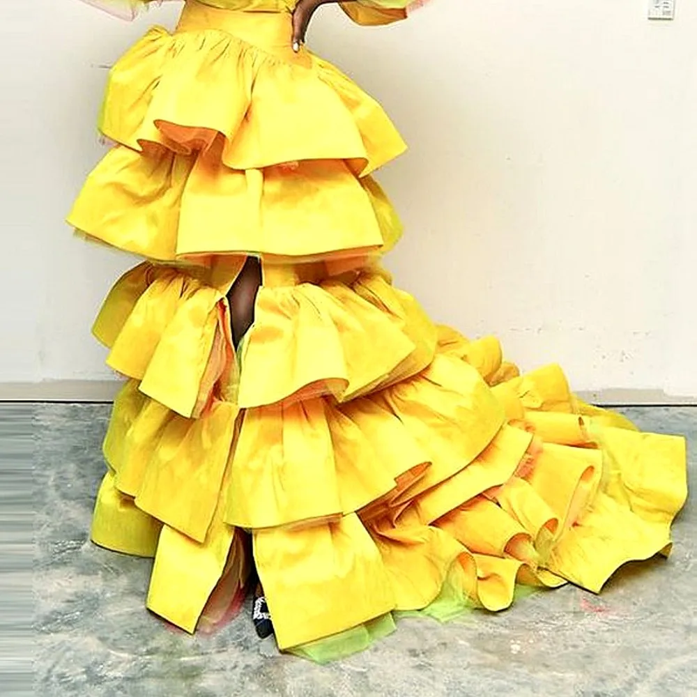 Yellow Cascading Train Puffy Skirts For Women  Tiered Ruffles Satin Front  Slit Maxi Skirt  Birthday Skirts For Photos