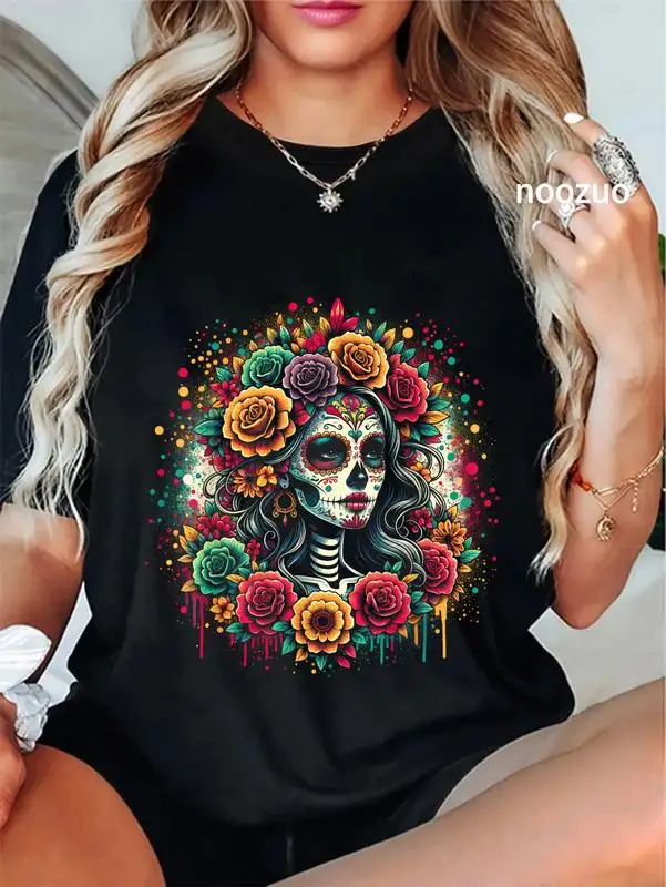 

[100% Cotton] 100% Cotton Unisex De Los Muertos La Catrina Day of the Dead Sugar Skull Women T-Shirt