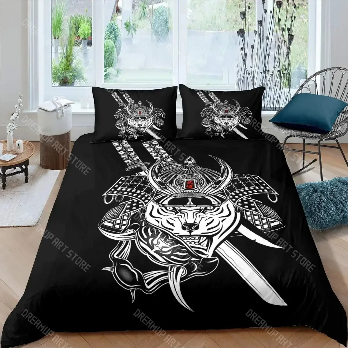 

Japanese Samurai Bedding Set King_Queen_Full Size Japan Sunset Scenery Building Silhouette Polyester Duvet Cover Men Black Red