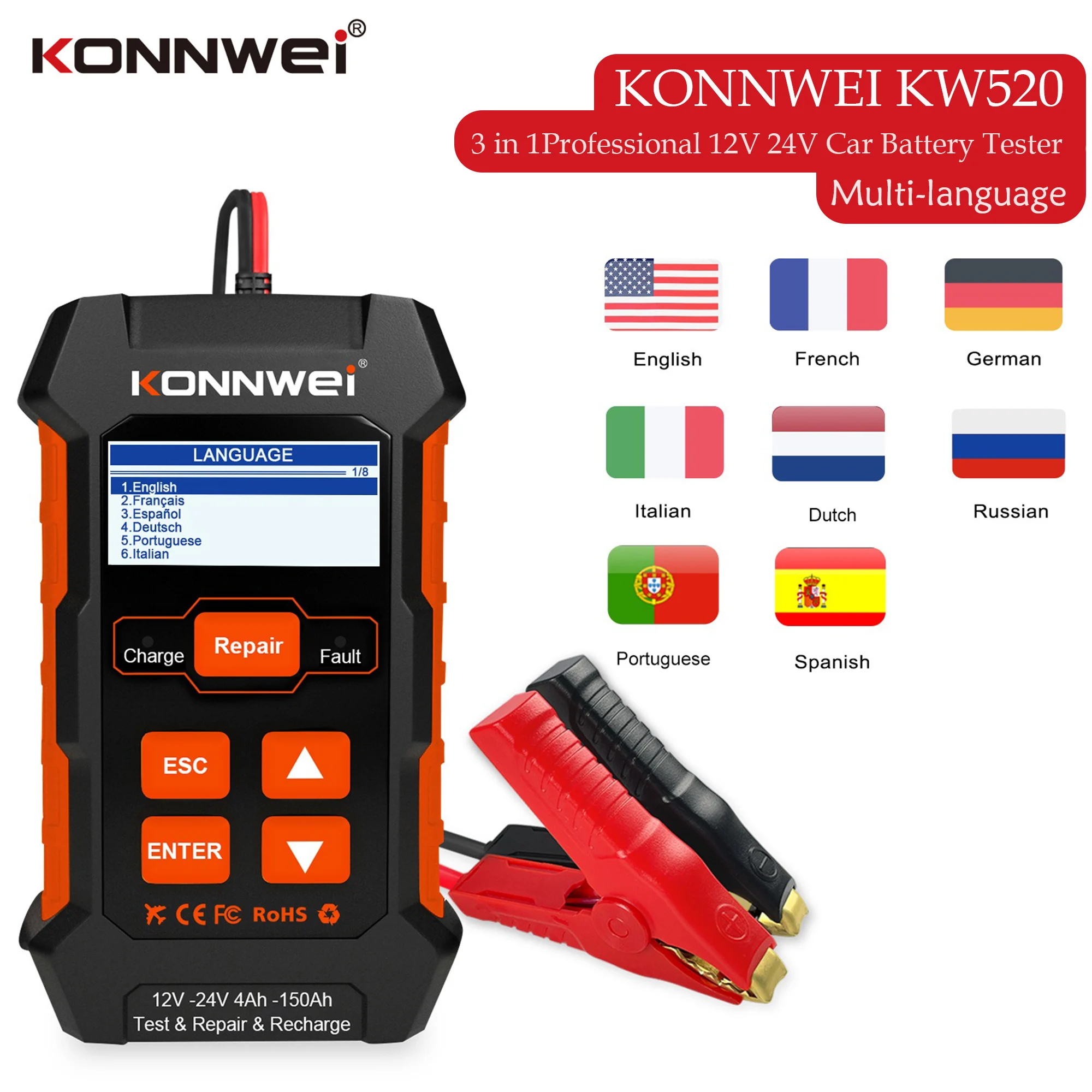 

KONNWEI KW520 12V 24V Car Truck Battery Tester Charger 100-2000CCA Lead Acid Battery Pulse Repair Tool 3 in 1 Diagnostic Scanner