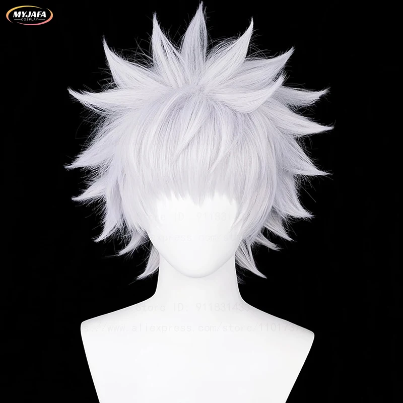 Hochwertige Anime Killua Zoldyck Cosplay Perücke 30 cm kurze silberweiße flauschige hitzebeständige Kunsthaar-Party-Perücken + Perückenkappe