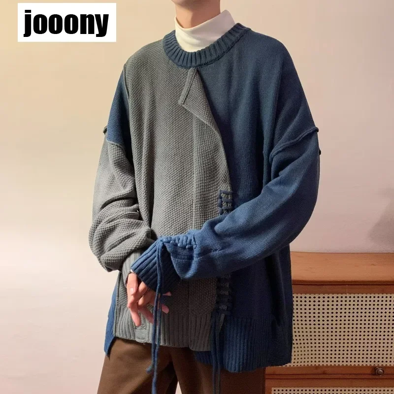 

Harajuku Fashion Autumn Winter Contrast Color Patchwork Irregular Vintage Pullovers Sweaters Male Men Irregular Hole Designs
