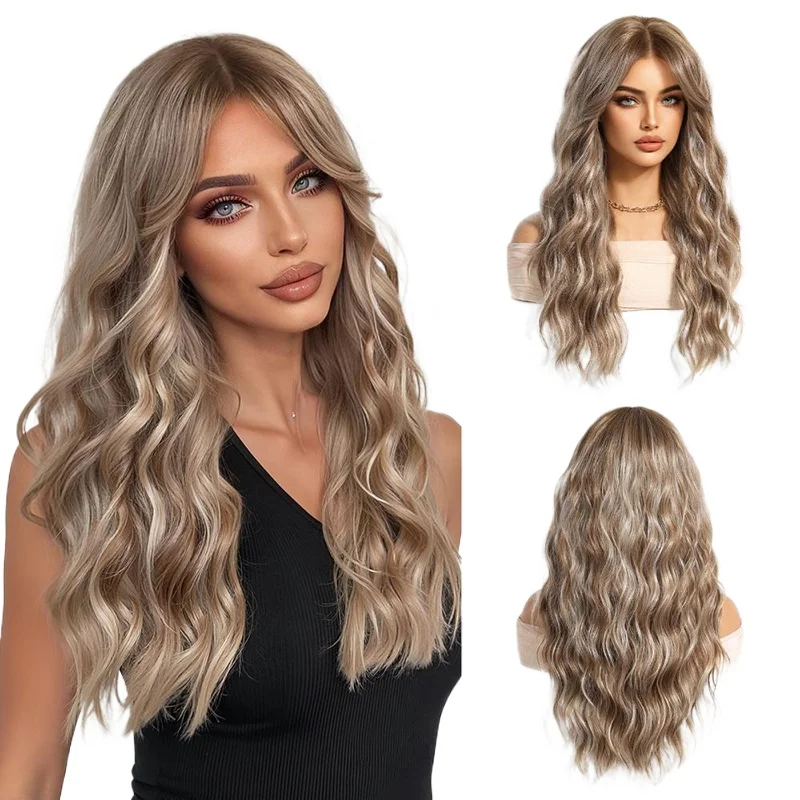 

The New 22-Inch Water Ripple Black-Brown Gradient Gold Synthetic Wig Is Suitable For Women'S Daily Parties And Halloween
