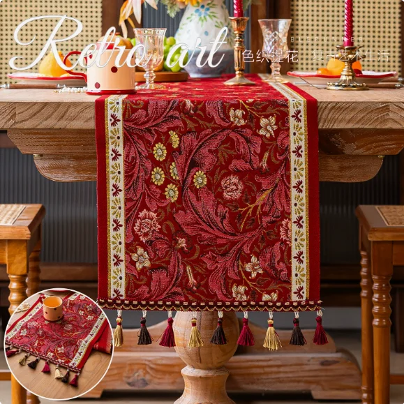 Yarn-Dyed Jacquard Table Runner Bohemian Red Floral Tassel Table Flag for Wedding Party Home Decor