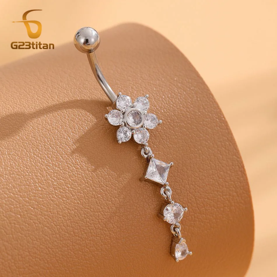 G23Titan Long Crystal Flower Belly Piercing Ring Women Body Jewelry 14G 6-16mm Titanium Curved Barbell Sexy Navel Accessories