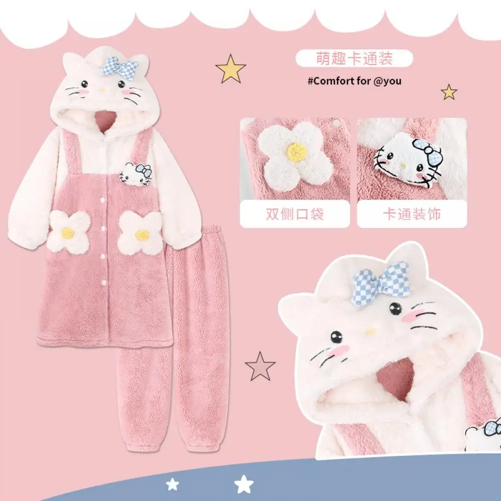 Winter Hello Kitty Kuromi Parent-Child Plush Pajamas Kawaii Anime Sanrio Girl Cartoon High-Quality Warm Coral Fleece Home Wear