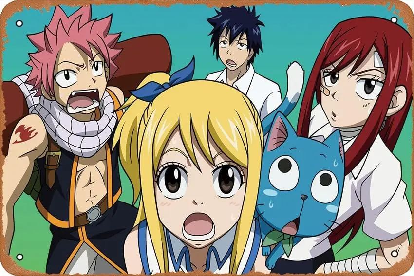 Fairy Tail, Lucy Heartfilia, Natsu Dragneel, Erza Scarlet, Gray Fullbuster, Happy (Fairy Tail) Vintage Metal Tin Sign Retro Styl