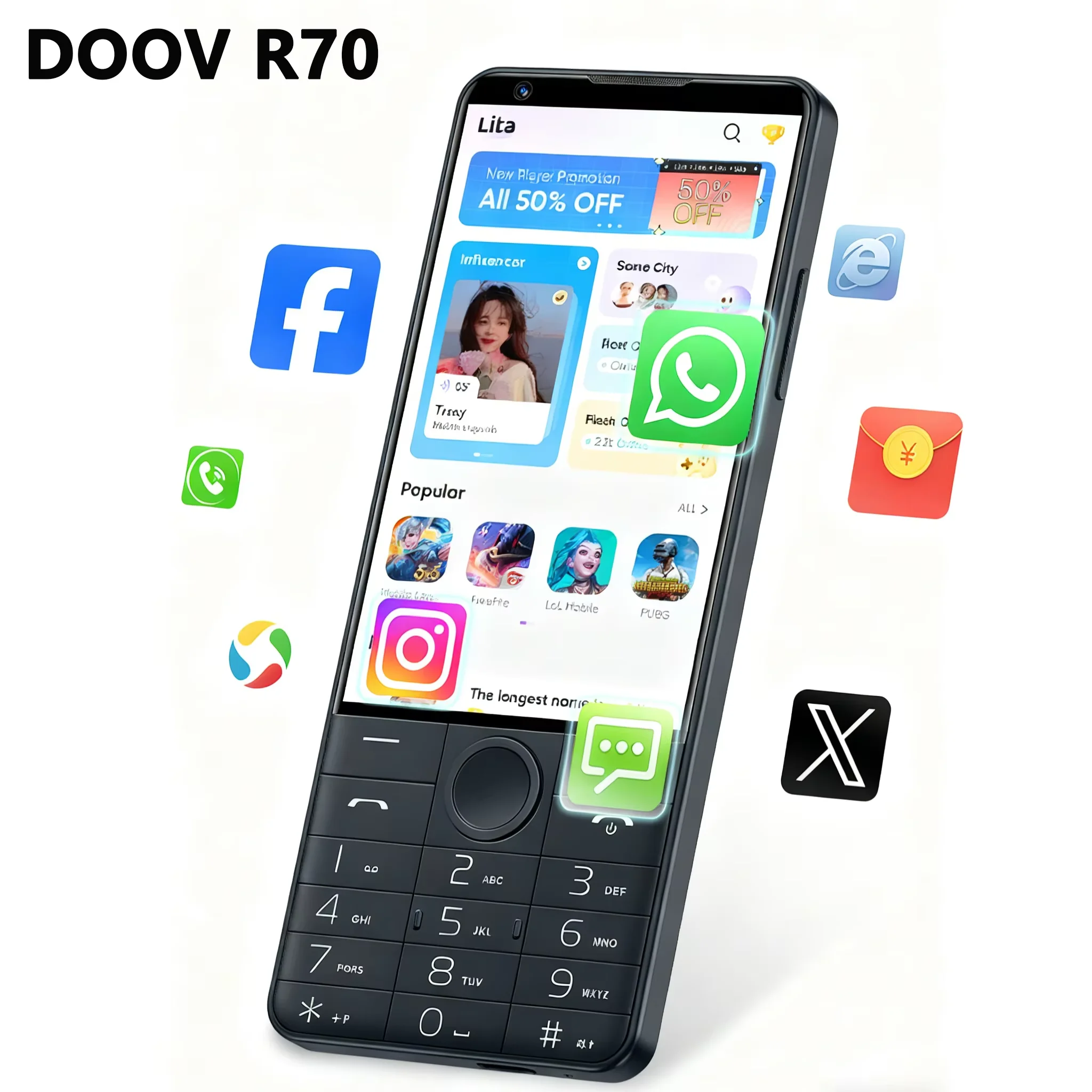 DOOV R70 4-calowy ekran IPS, telefon komórkowy 4G z klawiaturą dotykową, Google Mobile Phone, 6GB+128GB, Android 14, 16MP, 2600mAh, Whatsapp — zdjęcie produktu 4