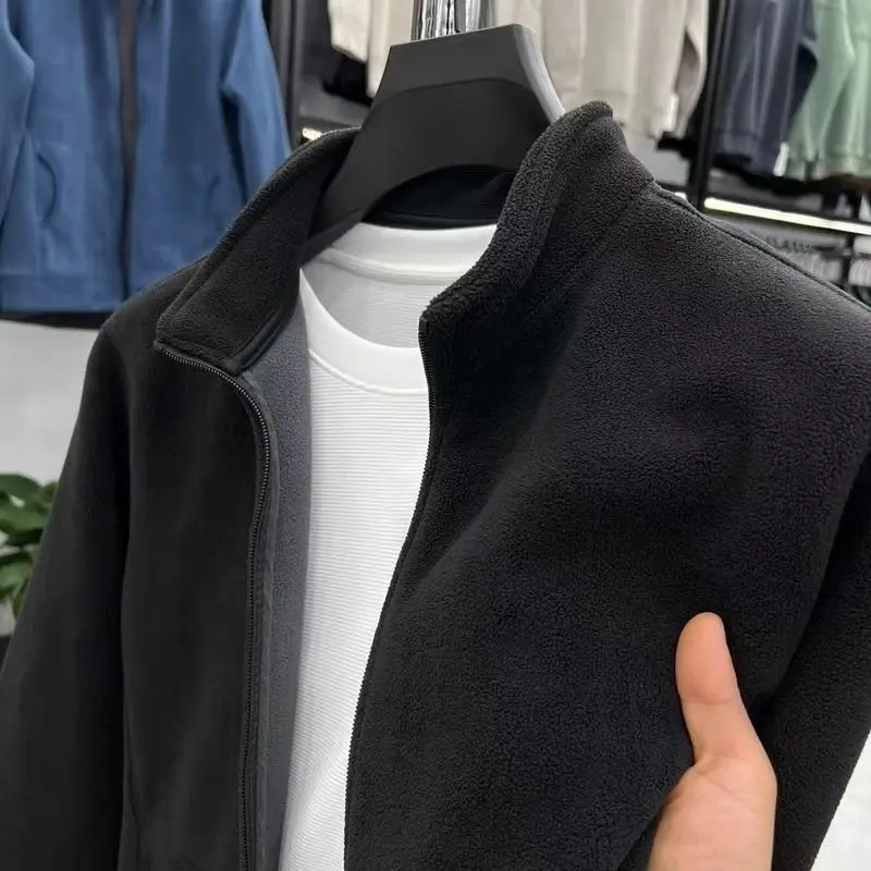 New Stand Collar Zipper Cardigan Jacket Autumn Winter Men Thickened Sweatshirt Warm Men\'s Polar Fleece Solid Color Jacket